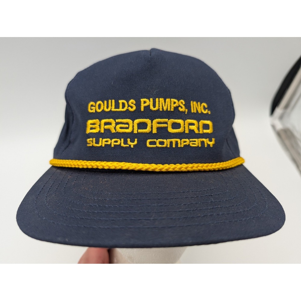 Vintage Goulds Pumps Bradford Supply Company Snapback Hat Navy Blue Made in USA